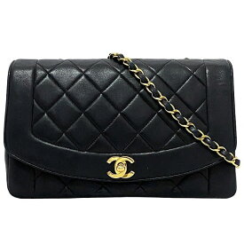 シャネル チェーン ショルダーバッグ ブラック ゴールド ダイアナ A01165 マトラッセ 25cm ラムスキン 中古 2番台 CHANEL 黒 シングル ココマーク ターンロック 肩掛け フラップ ゴールド金具 定番 人気 シンプル レディース 本革 高級 ブランド 本物 鑑定済み