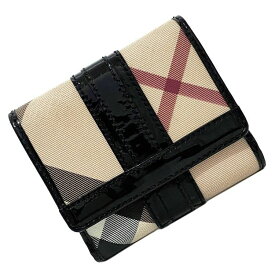 バーバリー Wホック 財布 ベージュ ブラック チェック 美品 ダブル PVC パテント レザー 中古 BURBERRY 二つ折り フラップ ホック コンパクト ミニ 定番 人気 女性 レディース 高級感 上品 オシャレ エレガンス 通勤 通学 シンプル 革 ブランド 本物 鑑定済み