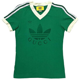 グッチ アディダス Tシャツ グリーン ホワイト トレフォイル 693636 クリーニング済み Sサイズ 美品 コットン 中古 GUCCI adidas 美品 服 Vネック コラボ トップス アパレル 半袖 人気 ロゴ ライン 緑 白 カジュアル お洒落 高級感 上品 ブランド 本物 鑑定済み