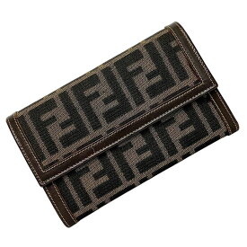 フェンディ 三つ折り 財布 カーキ ブラウン ズッカ 2266 30858 078 美品 FF キャンバス レザー 中古 FENDI コンパクト ホック 折り財布 定番 人気 男性 女性 男女兼用 ユニセックス シンプル カジュアル 革 お洒落 小さめ 高級感 上品 ブランド 本物 鑑定済み