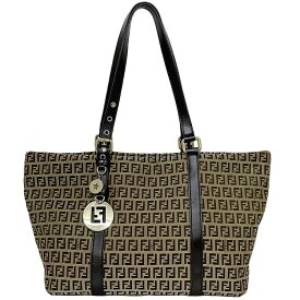 フェンディ トートバッグ ベージュ ブラウン ズッキーノ 8BH215 美品 FF キャンバス レザー 中古 FENDI 軽い チャーム ファスナー 肩掛け ロゴ 総柄 定番 人気 茶色 ゴールド金具 レディース 鞄 マチ有 カジュアル お洒落 高級感 上品 ブランド 本物 鑑定済み