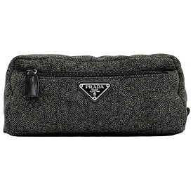 プラダ ポーチ グレー テスート ec-20627 美品 小物入れ ツイード ウール ナイロン 中古 PRADA トライアングル プレート ヴィンテージ ファスナー ロゴ 定番 人気 女性 レディース メンズ シンプル お洒落 灰色 ワンポイント エレガント ブランド 本物 鑑定済み