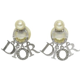 クリスチャン ディオール ロゴ ピアス シルバー パールホワイト 美品 メタル パール風 中古 Christian Dior アクセサリー ジュエリー ラインストーン 大粒 ロゴピアス ストーン スイングロゴ 定番 人気 女性 ブランドジュエリー ブランド 本物 鑑定済み
