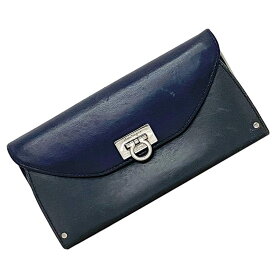 サルヴァトーレ フェラガモ 二つ折り 長財布 ec-22285 ネイビー ガンチーニ 財布 レザー 中古 JL-22 BO65 Salvatore Ferragamo シンプル ロゴ フラップ ヴィンテージ 定番 人気 紺色 小物 革 ロング ウォレット ワンポイント レディース ブランド 本物 鑑定済み