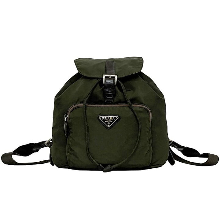 PRADA プラダ Gカード付 三角ロゴ ナイロン 巾着 カーキ リュック 