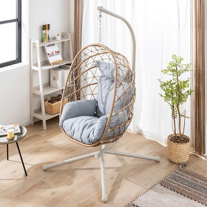 ハンギングチェア 1人掛け バスケット 吊り下げ リラックス たまご型 人工ラタン クッション ヘッドレスト 固定バンド モダン リゾート リビング ガーデン バルコニー ガーデンファニチャー