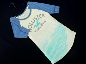 ネコポスOK Hollister ホリスター プリント ラグラン カットソー sizeM/白x紺 ■◆ ☆ dga7 レディース【USED】【中古】【古着】【ブランド古着買取・販売ABJ】