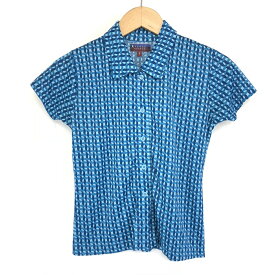 【古着】 ポリシャツ 幾何学柄 総柄 半袖 ブルー系 レディースS 【中古】 n003285