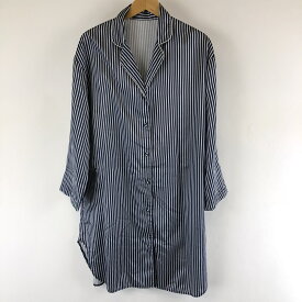 パジャマシャツ サテン ストライプ柄 オープンカラー 7分袖 ロング丈 ネイビー系 レディースXL以上 n007644