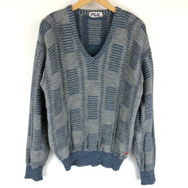 【古着】 フィラ 総柄セーター made in ITALY ジャガード 総柄 80年代 Vネック ワッペン付き グレー系 メンズL n010923