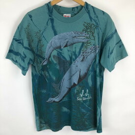 【古着】 J.J.sea world アニマルプリントTシャツ 総柄Tシャツ made in USA シロナガスクジラ グリーン系 メンズM n018970