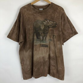 Harlequin アニマルプリントTシャツ made in the E.U. ムラ染Tシャツ 動物 サイ 両面プリント ブラウン系 メンズXL n018974