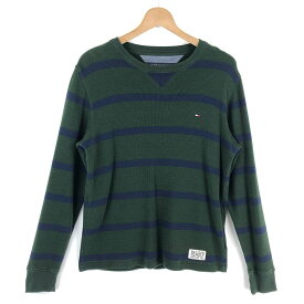 【古着】 TOMMY HILFIGER トミー・ヒルフィガー サーマル ワッフルTシャツ ボーダー柄 長袖 グリーン系 メンズM 【中古】 n025410