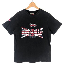 【古着】 LONSDALE ロンズデール ロゴプリントTシャツ フロッキー 星条旗柄 ブラック系 メンズL 【中古】 n028398