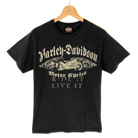 【古着】 Harley-Davidson ハーレーダビッドソン プリントTシャツ 両面プリント RIDE IT・LIVE IT バルセロナ ブラック系 レディースS 【中古】 n029991