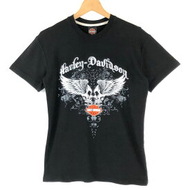 【古着】 Harley-Davidson ハーレーダビッドソン プリントTシャツ 両面プリント ウイング スカル ブラック系 レディースM 【中古】 n030039