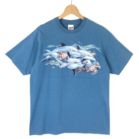 【古着】 アニマルプリントTシャツ イルカ 海亀 ブルー系 メンズL 【中古】 n030979