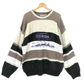【古着】 BERTO LUCCI 総柄セーター 刺繍セーター FLORIDA ボート ヴィンテージ ベージュ系 メンズXL 【中古】 n033735