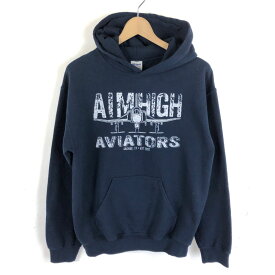 【古着】 プリントパーカー AVIATORS 飛行機 ネイビー系 メンズS 【中古】 n041362