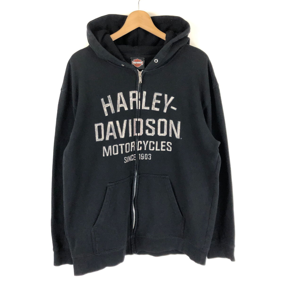 【古着】 Harley-Davidson ハーレーダビッドソン パーカー ジップパーカー 手書き風ロゴ 両面プリント ブラック系 メンズL 【中古】  n044812 | 古着Lab