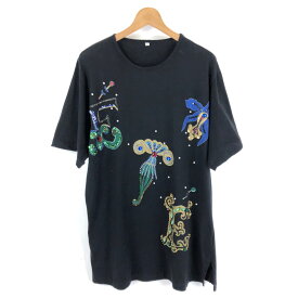 【古着】 Tシャツ ワンピース ビーズ スパンコール ラメプリント ブラック系 レディースL 【中古】 n046234