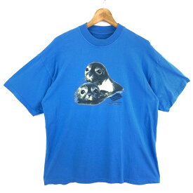 【古着】 Tシャツ あざらし アニマルプリント ブルー系 メンズL 【中古】 n046368