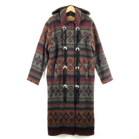 【古着】 WOOLRICH ウールリッチ ウールコート ボーダー チマヨ柄 コンチョ フリンジ ロング丈 USA製 ブラウン系 レディースM 【中古】 n049356