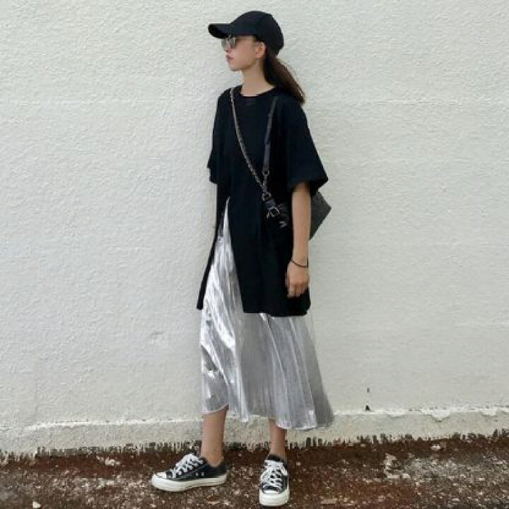 楽天市場 自分へのご褒美 細みえ 細見え 美人 かっこいい服 レディース 春上品 大人可愛い 春 上品 セットアップ 上下セット ツーピース トップス 半袖 スリット ロング丈 スカート プリーツスカート ウエストゴム 光沢感 ミモレ丈 体型カバー 大きいサイズ Furure