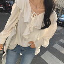 きれいめ レディース ファッション フリルブラウス レディース リボン シャツ ふんわりシフォンブラウス トップス 長袖 ホワイト 白 ガーリー 大人可愛い 春 秋 デート服 韓国ファッション 韓国服 フリル ラッフルフリル リボン りぼん 薄手 ゆったり 体型カバー