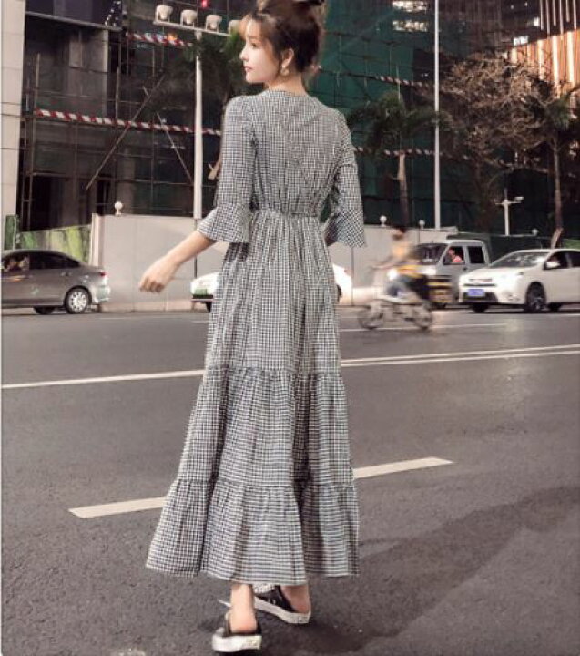 楽天市場 きれいめ レディース ファッション チェック ワンピース ギンガムチェック ワンピース ブラック ロングワンピース 半袖 マキシワンピース 半袖 ガーリー ティアード ワンピ Furure