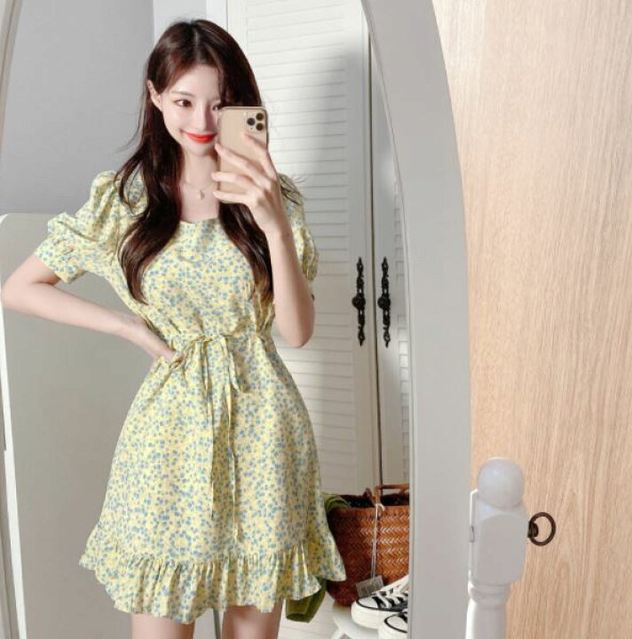 楽天市場 きれいめ レディース ファッション 韓国 ファッション レディース ワンピース 夏 春 カジュアル 小花 シャーベットカラー ギャザー フェミニン シンプル コーデ ふんわり お上品 お嬢様ワンピ カントリー風 ピクニック お出かけワンピ Furure