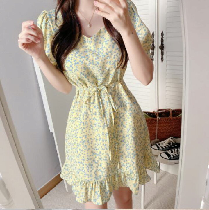楽天市場 きれいめ レディース ファッション 韓国 ファッション レディース ワンピース 夏 春 カジュアル 小花 シャーベットカラー ギャザー フェミニン シンプル コーデ ふんわり お上品 お嬢様ワンピ カントリー風 ピクニック お出かけワンピ Furure