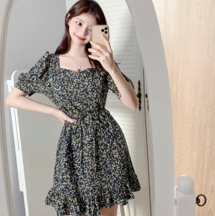 楽天市場 きれいめ レディース ファッション 韓国 ファッション レディース ワンピース 夏 春 カジュアル 小花 シャーベットカラー ギャザー フェミニン シンプル コーデ ふんわり お上品 お嬢様ワンピ カントリー風 ピクニック お出かけワンピ Furure