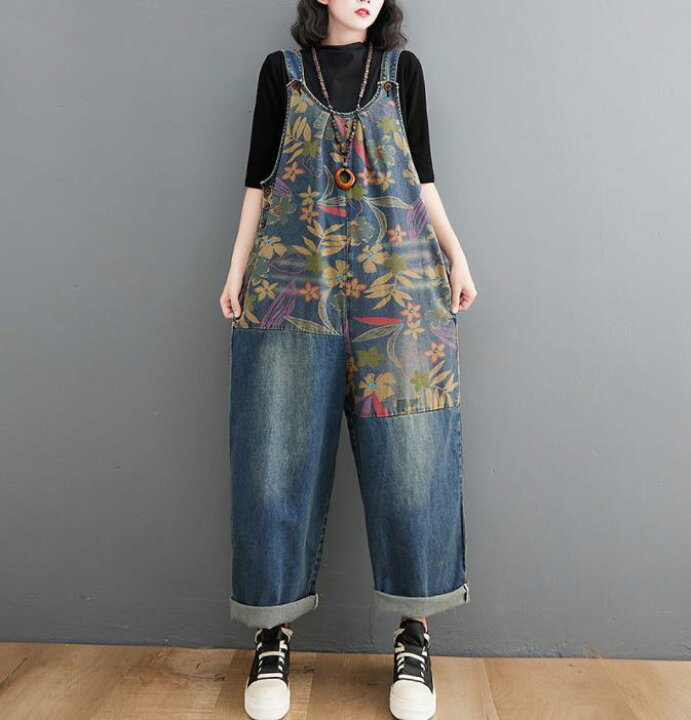 楽天市場】＼楽天1位／ 花柄 プリント デニムパンツ オーバーオール 