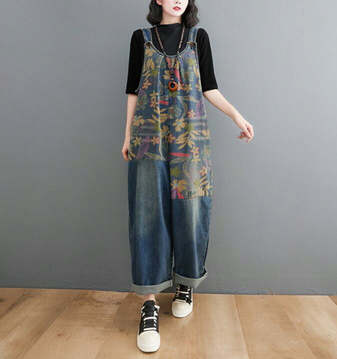 楽天市場 花柄 プリント デニムパンツ オーバーオール レディース デニム ゆったり 軽い サロペ デニム パンツ 40代 サロペット デニム 50 代 サロペット コーデ 大人 オールインワン ワイドパンツ レディース デニム Furure