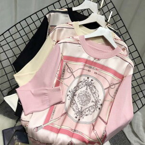 トップス レディース 春 夏 可愛い きれいめ スカーフ柄 ブラウス 長袖 半袖 2種類袖 ラウンドネック 丸首 プリントシャツ 大きいサイズ ワンサイズ 30代 40代 50代 ファッション 60代 上品 オフ