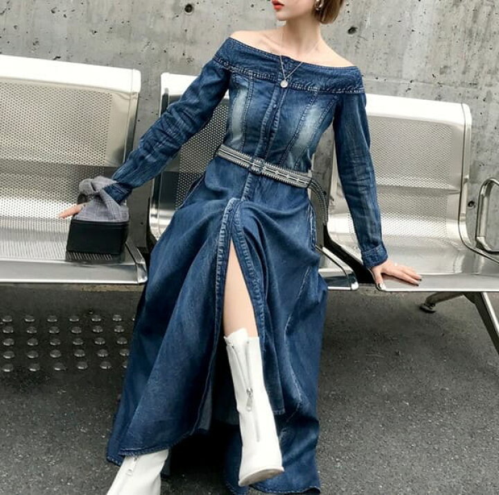 楽天市場 送料無料 韓国ファッション レディース ワンピース デニムワンピース コーデ 40代 デニムワンピース ロングワンピース カジュアル ワンピース 40代 秋冬 韓国 ファッション 通販 40代 長袖 オフショルダー オフショル マキシワンピース マキシ丈 ウエストマーク