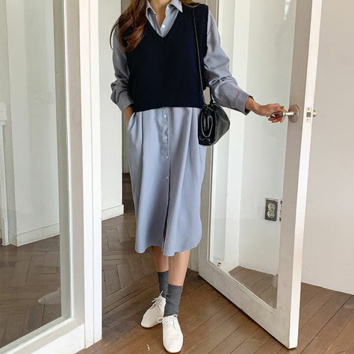楽天市場 韓国ファッション 秋冬 ワンピース 秋冬 きれいめ 30代 40代 同窓会 ワンピース 上品 ロングワンピース エレガント ゆったりワンピース ブルーシャツワンピ ベスト 2点セット セットアップ レイヤード 重ね着 ニットベスト Vネック シャツワンピース 長袖 膝丈