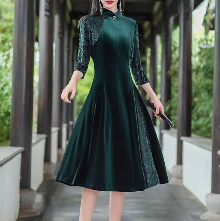 楽天市場 きれいめレディースファッション 大きいサイズ M L Xl 2xl 3xl 4xl 5xl 清楚系 結婚式 ワンピース ロング丈 結婚式 ワンピース フォーマル ワンピース ロング丈 上品 ロングワンピース 七分袖 切り替え代 30代 長袖 バイカラー 体型カバー チャイナドレス風
