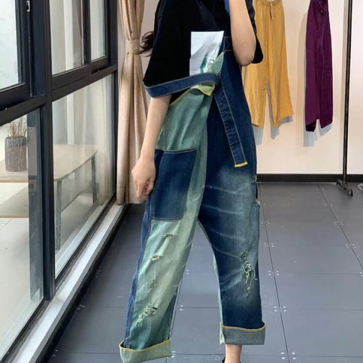 楽天市場 オーバーオール レディース デニム ゆったり 軽い 配色デニム サロペ デニム パンツ 40代 サロペット デニム 50 代 サロペット コーデ 大人 オールインワン ランタン ミドル丈 デニムハーフパンツ レディース バイカラー ダメージ ゆったり 体型カバー 着痩せ
