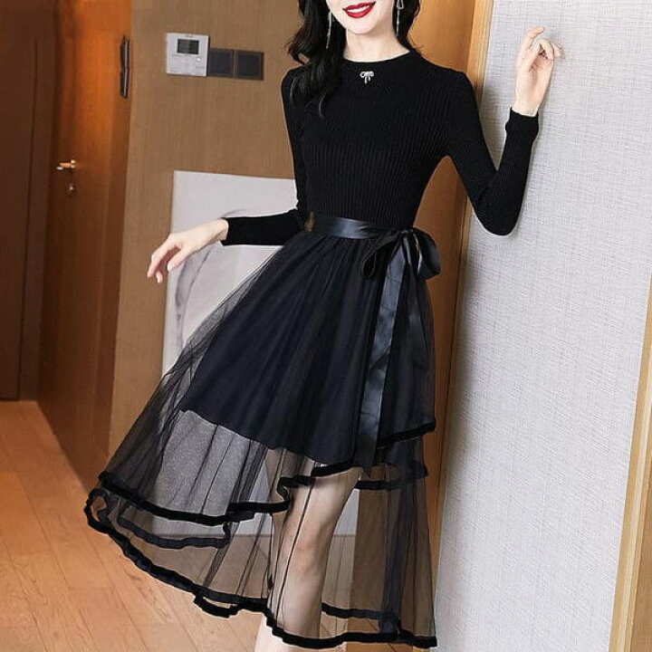 楽天市場 送料無料 韓国ファッション 大人可愛い ワンピース 秋冬 ワンピース 長袖 きれいめワンピース 30代 秋 40代 同窓会 ワンピース 上品 ニットワンピース レイヤード 大きいサイズ 2xl ウエストマーク ウエストリボン シアー シースルー スカート フレア 異素材 異