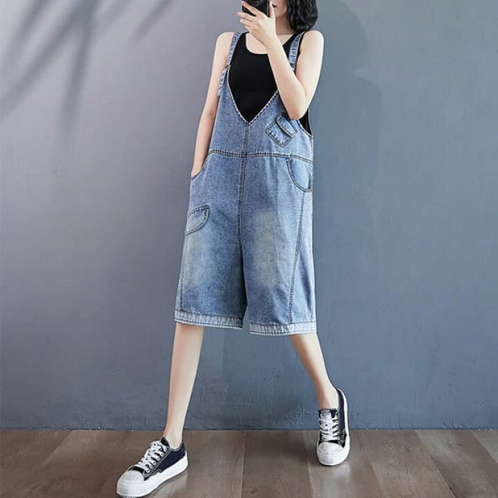 楽天市場 オーバーオール レディース デニム ゆったり 軽い ブイネック ハーフパンツ サロペ デニム パンツ 40代 サロペット デニム 50 代 サロペット コーデ 大人 オールインワン ワイドパンツ レディース デニム ビンテージ風 膝丈 体型カバー 大きいサイズ メンズ