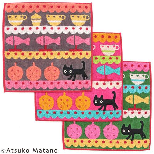 新色追加 3枚までメール便もＯＫ ATSUKO MATANO マタノアツコ タオルハンカチ MEMEBEBE メール便対応 グリーン 黒猫 グレー ねこ ピンク アウトレット