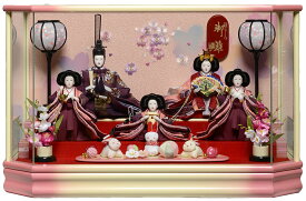 【雛ケース】【五人飾・三人官女付】小三五親王五人：ピンクボカシパノラマケース：美光作【雛人形】【ひな人形】