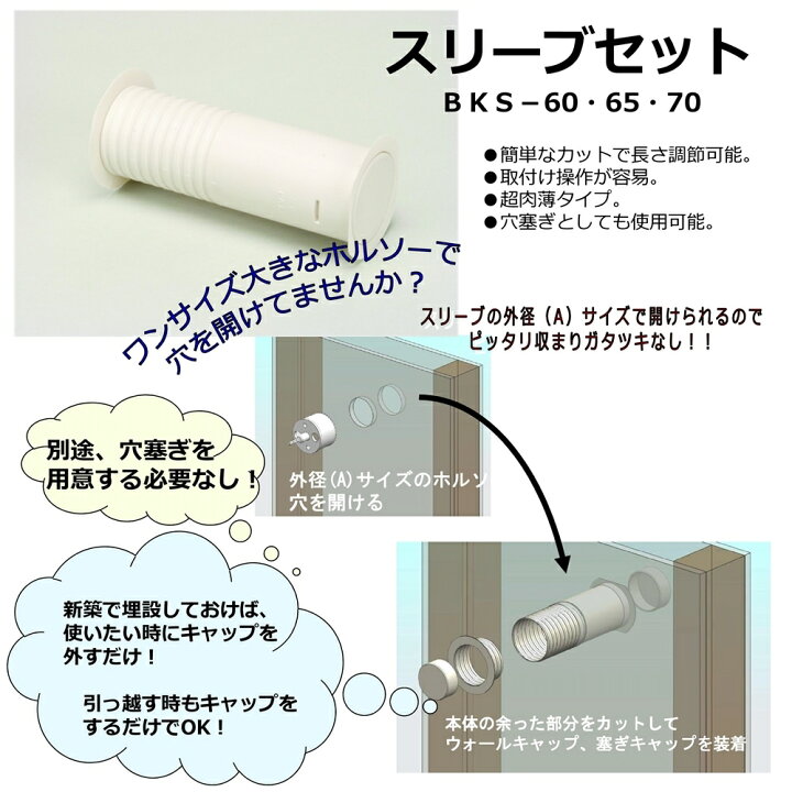 壁穴用スリーブセットΦ70 配管穴用パイプセット BKS-70 5個 フソー化成 エアコン配管用 電材直売広場 スリーブセット