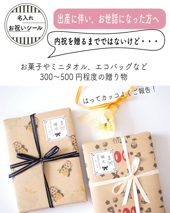 楽天市場 名入れ 内祝 シール 24枚 出産 お礼 ありがとう 日本製 子供名 誕生 40mm 正方形 ハンドメイド ラッピング ギフト 退職 産休 プレゼント オリジナル リボン イラスト レトロ シンブル びなっち 楽天市場店