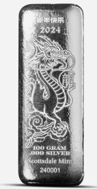 スコッツデール造幣局（Scottsdale Mint）製の100グラム銀インゴット 龍　銀　シルバー　インゴット　純銀　　延べ棒　新古品　Silver　Ingot