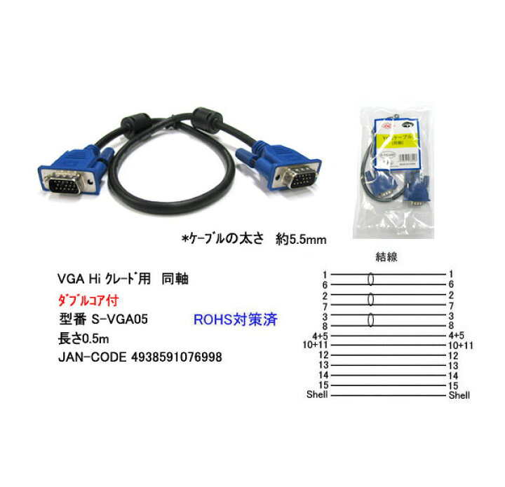 楽天市場 Vgaケーブル 50cm Vgaケーブルハイグレード極細タイプ50cm D Sub15pin オス D Sub15pin オス Comon カモン Vga 05 Vgaケーブル極細 太さ5 5ミリ ノイズ防止ダブルコア付き 50cm Rohs対応 フタバヤ楽天市場店