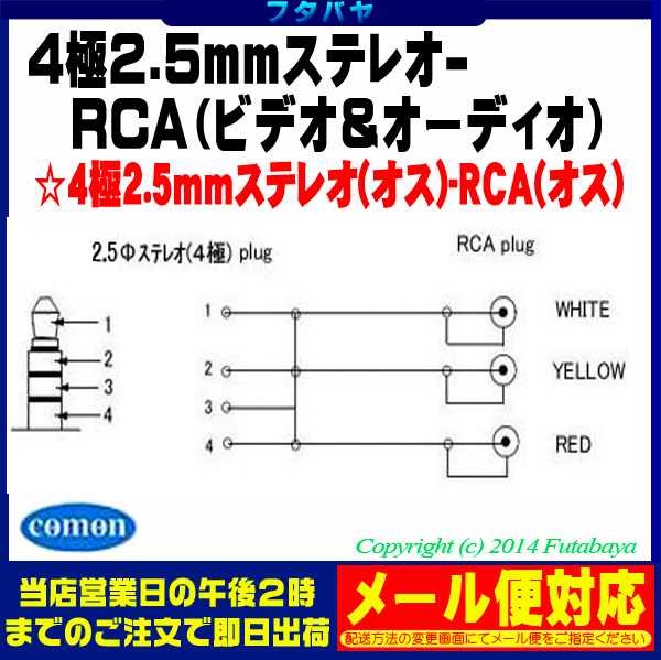 在庫一掃 4極2.5mmステレオ-RCA接続ケーブル 4極2.5mmステレオL型(オス)⇔ピンプラグ(ビデオ＆音声：赤、白、黄)(オス)  4極2.5mmオス⇔ピンプラグ(オス) 端子：金メッキ ※結線に注意 長さ：1.5m 425A-15 AVケーブル