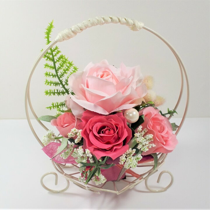 楽天市場 当店オススメ プレゼントにも大人気 プリザーブドフラワー風高級造花のワイヤースタンドアレンジ ピンクローズ 造花 アーティフィシャルフラワー フラワーアレンジメント 母の日 お祝い インテリアフラワー二葉屋